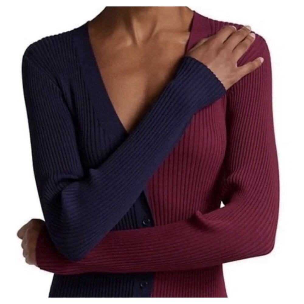 Staud Women's Shoko Ribbed Knit Navy Burgundy Colorblock Maxi Cardigan Dress